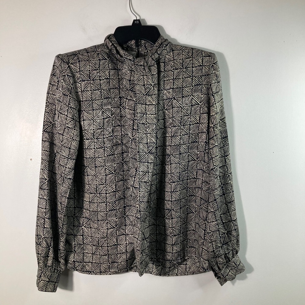 Vintage Adrianna Papell Silk Geometric Faux Neck Tie Blouse XS Black White